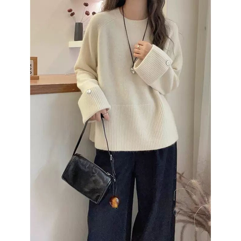 Plus Size French New Style Rolled Edge Round Neck Sweater Women's Winter Soft and Lazy Style Bottoming New Top