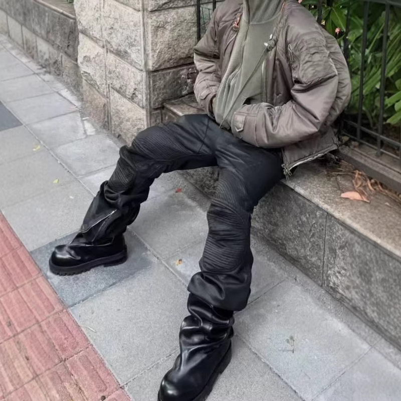 Self-Made Grailz Project Heavy-Duty Coating Waxing Motorcycle Armor Splicing Pleated Silhouette Flared Trousers for Men