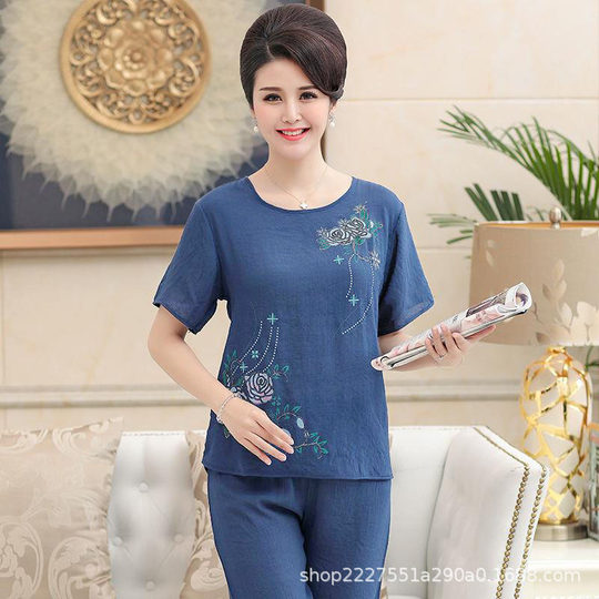 Middle-aged and elderly women's summer suit mother's short-sleeved fashion jacket pants two-piece suit short-sleeved cropped pants C