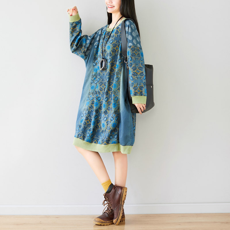 Suéter de cuello redondo con costuras artísticas, largo medio, hombros caídos, abrigo, vestido coreano holgado