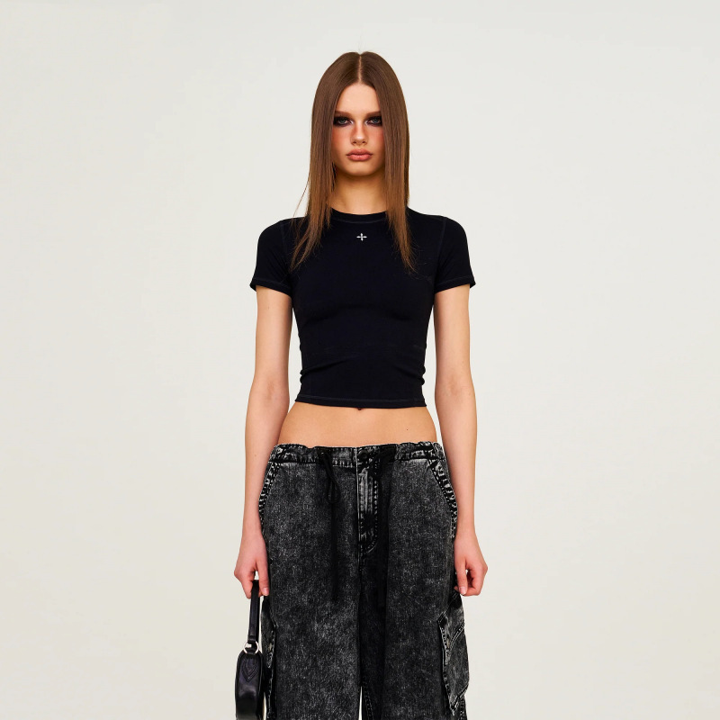 Smfk Cross Badge Waist Tee Embroidered Sports Round Neck Short-Sleeved T-Shirt 25 New Style Smfk Cross Badge Waist Tee Embroidered Sports Round Neck Short-Sleeved T-Shirt 25 New Style