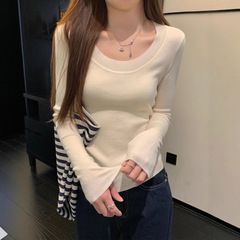 U领针织衫女2025秋季新款韩系修身显瘦气质内搭长袖打底衫上衣ins