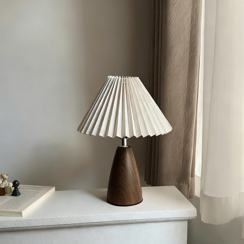 New Walnut Tapered Table Lamp Pleated Retro Bedroom Bedside Lamp Imitation Wood Grain Ins Decorative Atmosphere Night Light New Walnut Tapered Table Lamp Pleated Retro Bedroom Bedside Lamp Imitation Wood Grain Ins Decorative Atmosphere Night Light