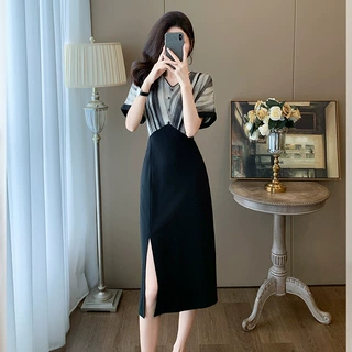 高级感复古水墨条纹拼色显瘦气质连衣裙女夏新款开叉长裙时尚裙子