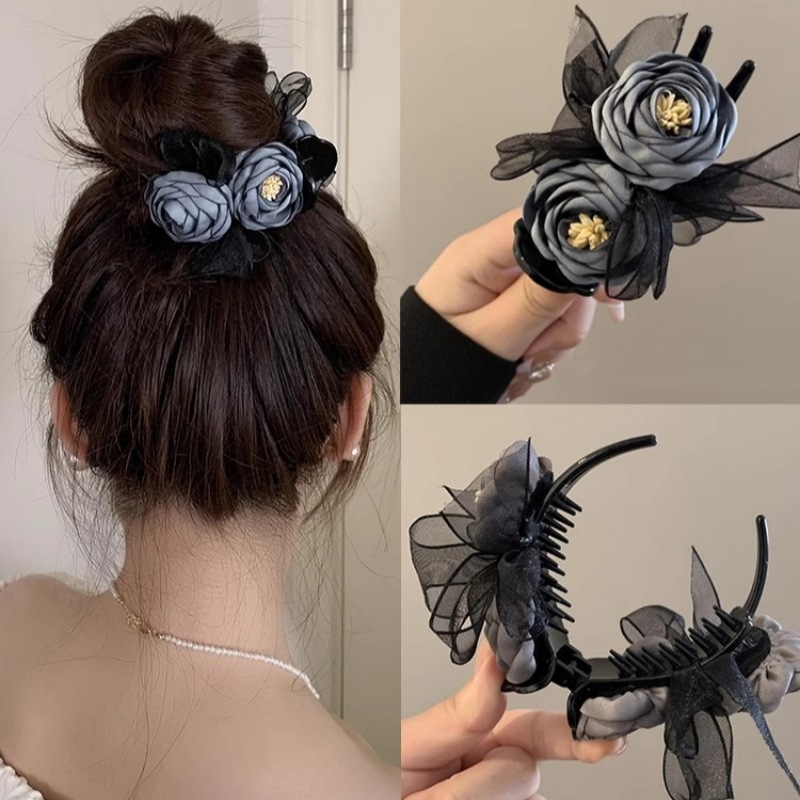 韓國花朵丸子頭髮夾女後腦勺盤發固定神器網紅蕾絲高級感頭飾抓夾