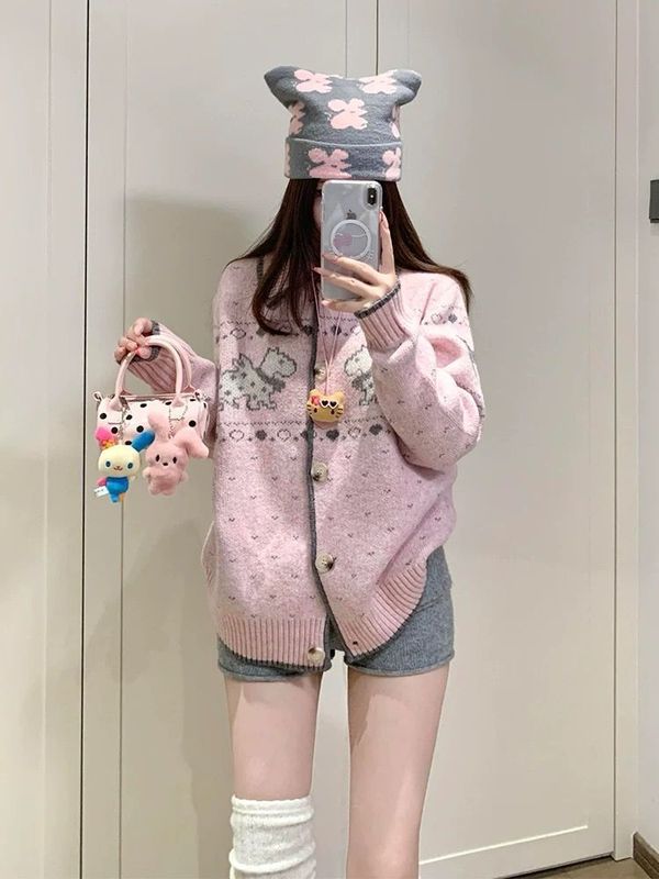 德菲蒂奥费尔岛毛衣外套女2025年秋季新款小狗提花设计感针织开衫|undefined