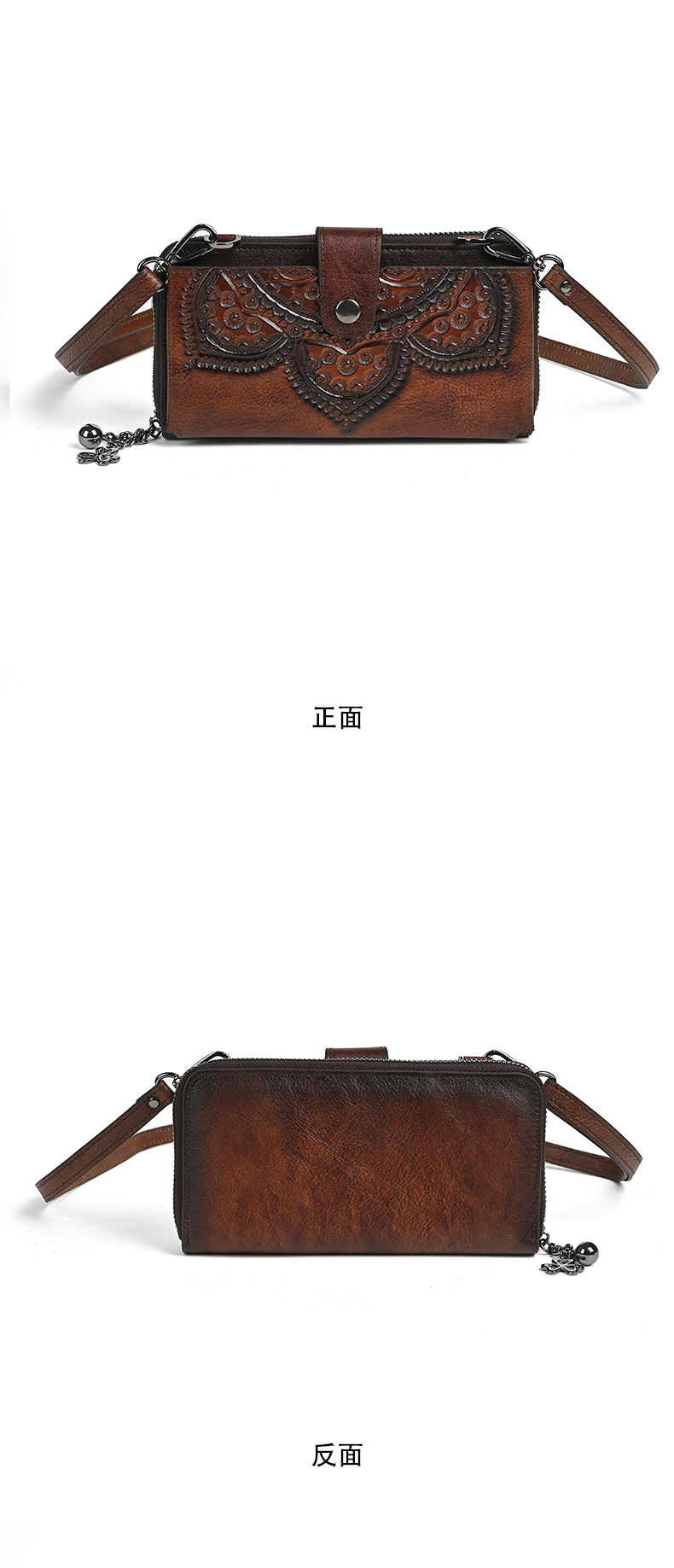 Ví cầm tay da bò thật nữ phong cách cổ điển dập nổi họa tiết dân tộc, khóa kéo đa năng, kèm dây đeo chéo — Màu cà phê cổ điển, màu đen cổ điển, màu nâu cổ điển chi tiết 14