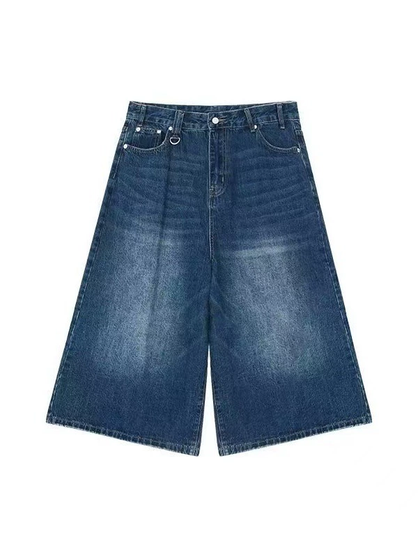 Retro denim wide-leg culottes, women's loose straight fit, summer American style, multiple sizes