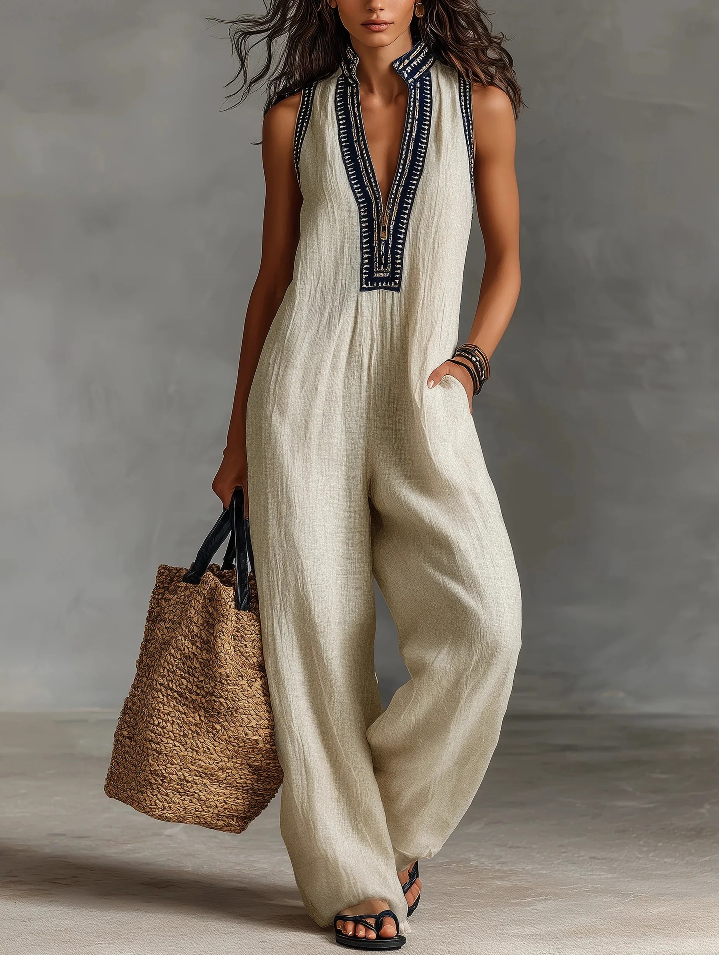2026 European and American Women's Fashion Independent Site Amazon Linen Blend Sleeveless Jumpsuit with Zipper One-Piece Jumpsuit