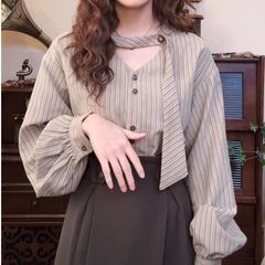 香港風レトロなストライプのシャツの女性のタイプ2025年の新型の気質の春のリボンのシャツの軽くて豪華な高級感の上着