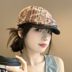 2025日系做旧格子晕染前进帽女夏天显脸小男破洞鸭嘴贝雷帽潮