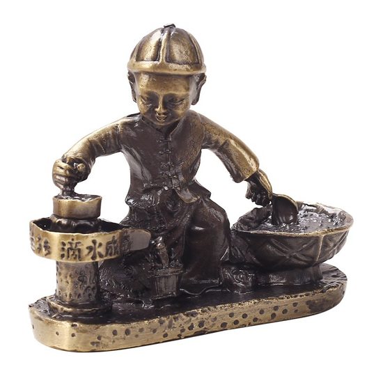 Antique collection antique make old bronze alloy dripping into gold boy push grinding stone grinding Metal Handicraft ornaments