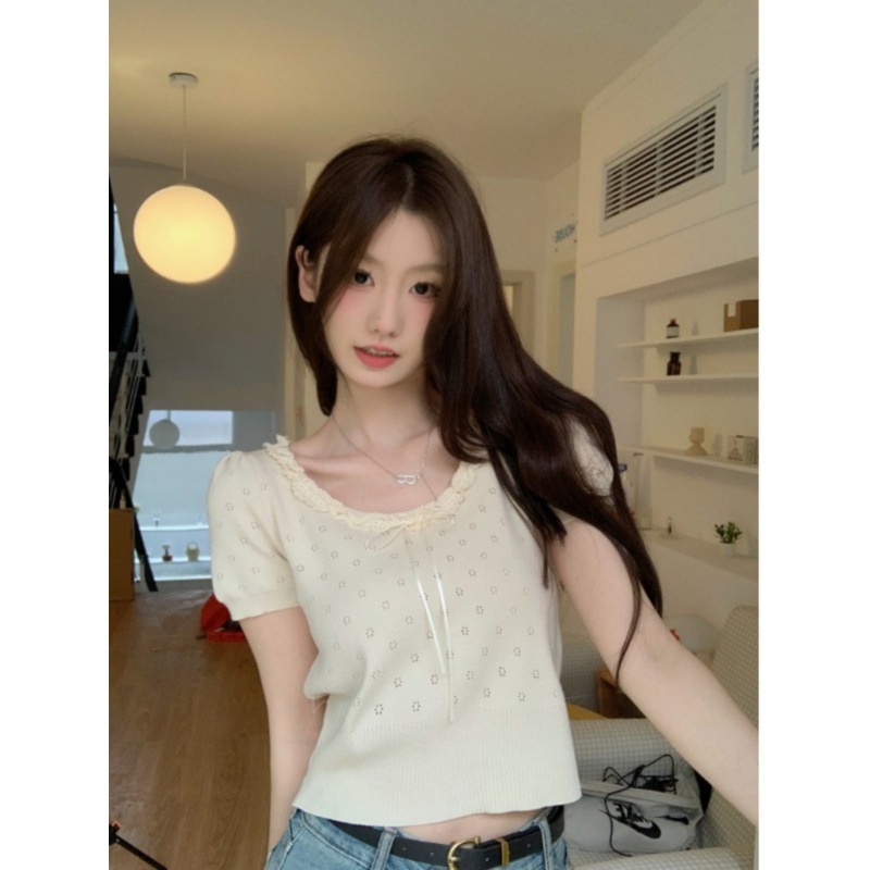 高腰蕾丝短袖镂空蝴蝶结T恤女装春季甜美修身打底衫内搭短款上衣|undefined