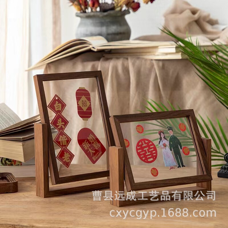 Solid Wood Walnut-Colored Rotating Photo Frame Bedroom Decoration Photo Frame Artistic Painting Ornament Desktop Family Photo Display Handmade