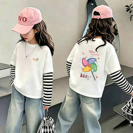 纯棉女童长袖t恤拼接新款儿童春秋上衣韩版大中小童女宝宝打底衫