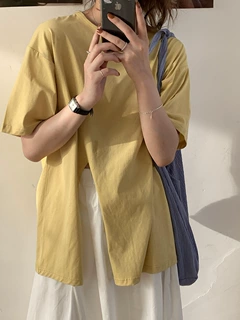 文艺~【特】出货剩余。纯棉の下摆开叉女夏百搭打底圆领纯色短袖i
