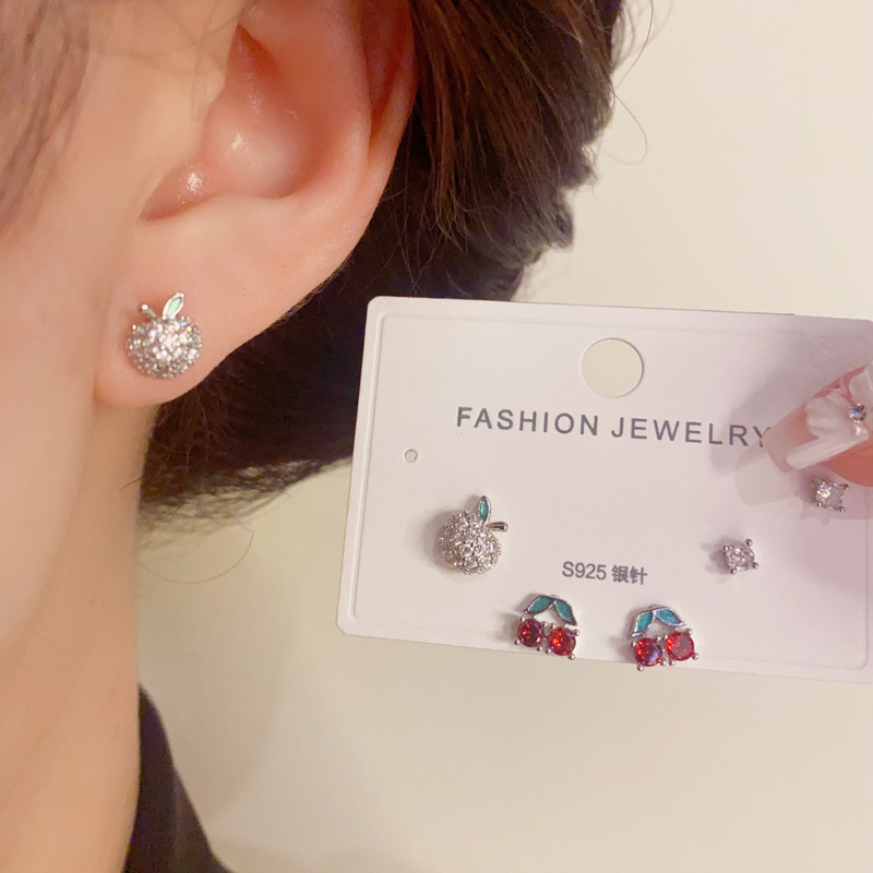 Women's Gender 1 Set Cute Cherry Apple Copper Zircon Small Stud Earrings