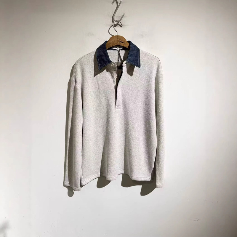 American Retro Style Fake Two-Piece Long-Sleeve Polo Shirt with Denim Collar and Floral Yarn Knit Top