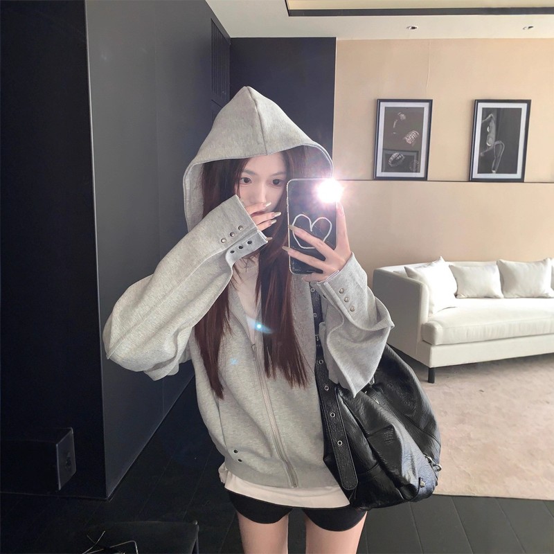 美式辣妹设计感铆钉连帽卫衣外套女装秋季慵懒宽松灰色开衫上衣潮|undefined