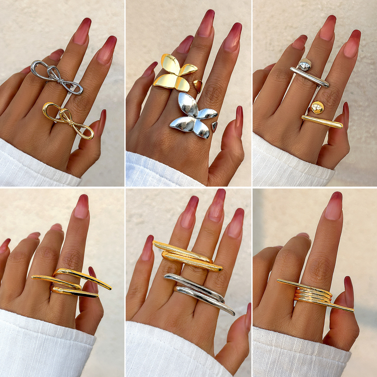 European and American Cross-border Exaggerated French Metallic Glazed Butterfly Ring for Women Simple Bow Double Finger Ring