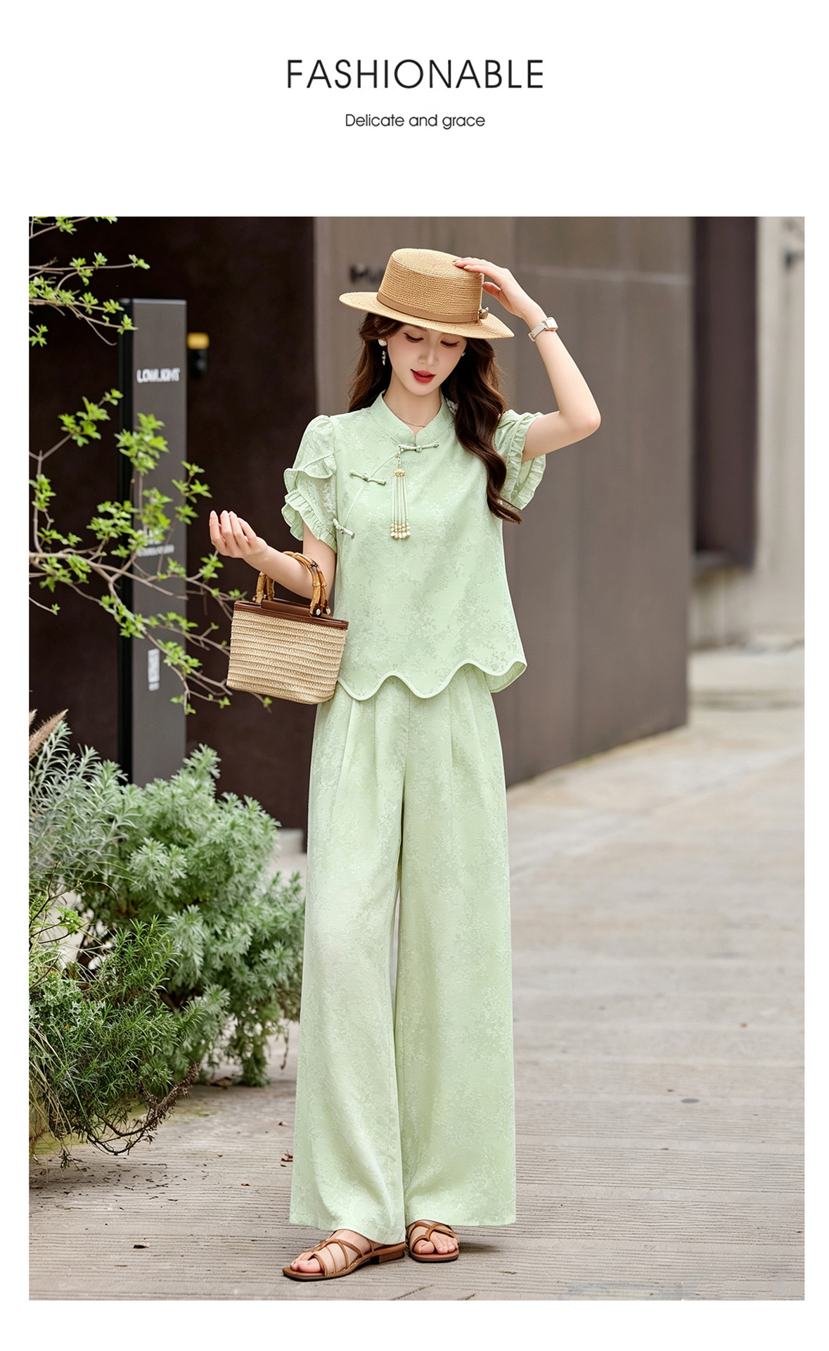 Bộ áo sơ mi họa tiết jacquard kết hợp quần ống rộng cạp thun hai mảnh thời trang — Vàng kem, xanh lá cây chi tiết 10