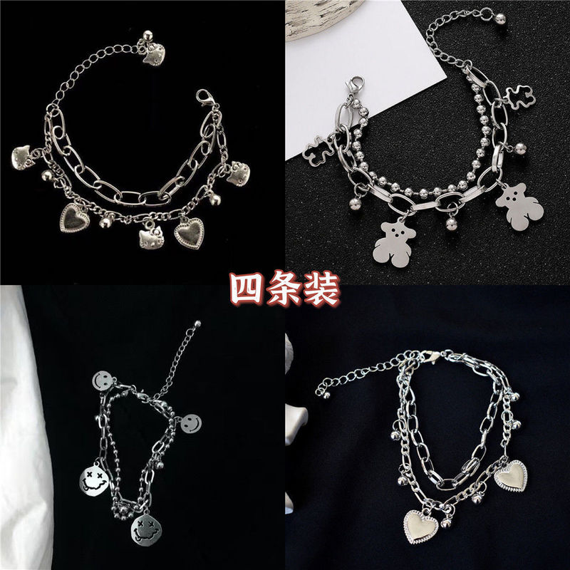 European and American ins cold style girl dark alloy double-layer bear bracelet love heart cross pendant bracelet European and American ins cold style girl dark alloy double-layer bear bracelet love heart cross pendant bracelet