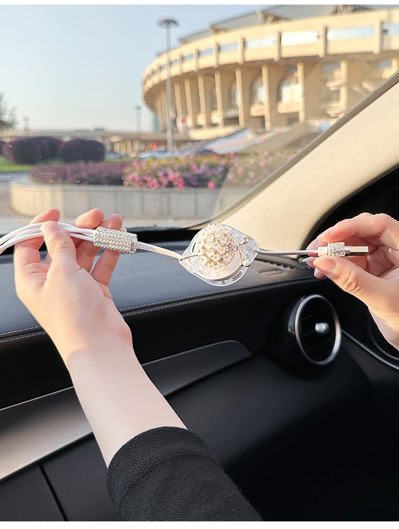 Car Charger Fast Charging Cigarette Lighter Light Luxury Car One to Three Multi-Function Telescopic Three-In-One Mobile Phone Data Cable