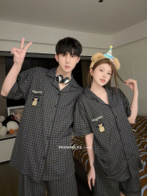 卡通企鹅刺绣情侣睡衣男女夏季纯棉短袖复古格子高级感家居服套装