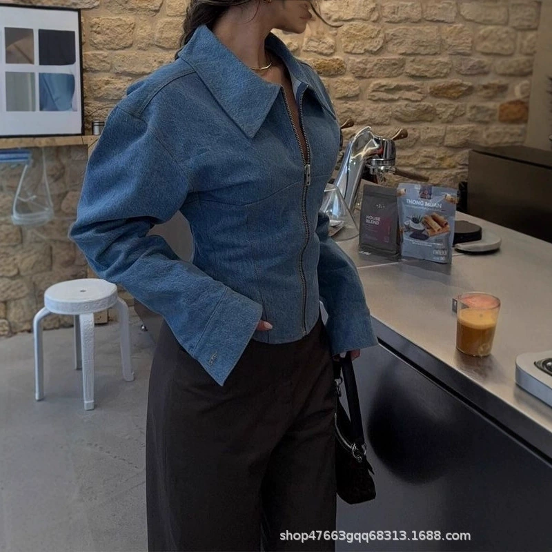 Осенняя новая короткая джинсовая куртка в гонконгском стиле с ретро-дизайном на молнии, женская свободная тонкая куртка с лацканами, топ