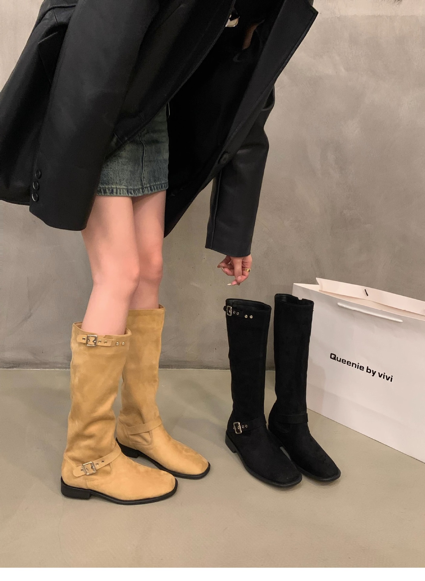 Dicker Absatz Khaki Mid Knight Damen Frühling und Herbst 2023 Neue Sommer-Wildleder-Langarmstiefel_voghion.com