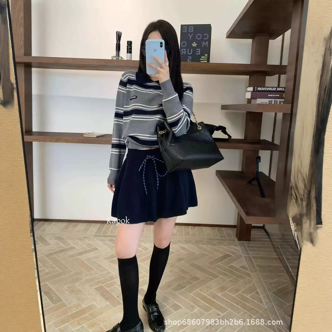 韩系杏色娃娃领条纹针织衫女2025秋高级宽松休闲长袖上衣撞色条纹