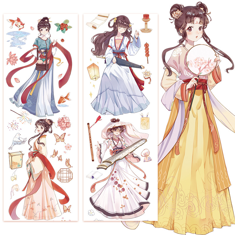 New Ancient Style Character Glossy PET Special Oil Cute Q-version Girl Collage Card Material Handmade Journal Tape Wholesale