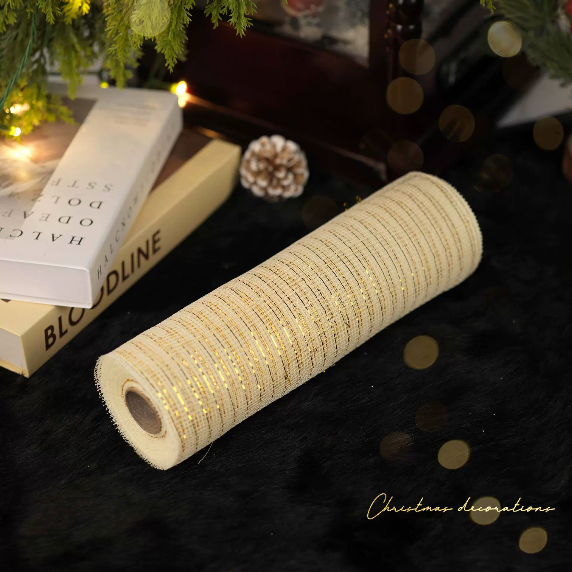 圣诞树丝带圣诞布置PP网纱花环蝴蝶结配件圣诞珠链挂件圣诞球串