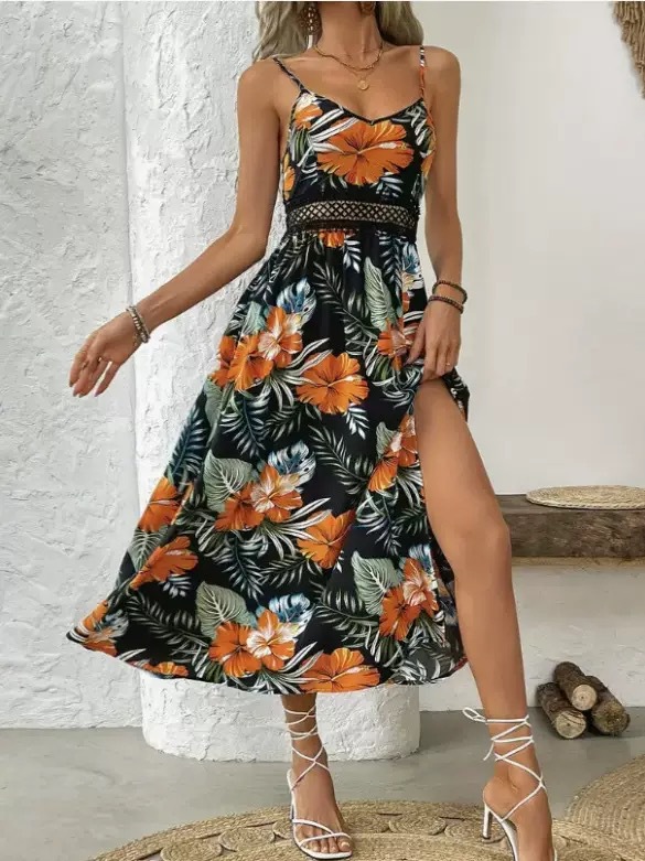 Women's Clothing Summer Fashion Trend Casual V Neck Printed Dress High Quality Suspender Dress For Women_ecoleips.com