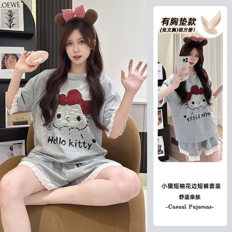 Venta al por mayor transfronteriza de algodón de nubes estilo explosivo con almohadilla para el pecho pijamas de manga corta para mujer traje de ropa para el hogar de verano de encaje