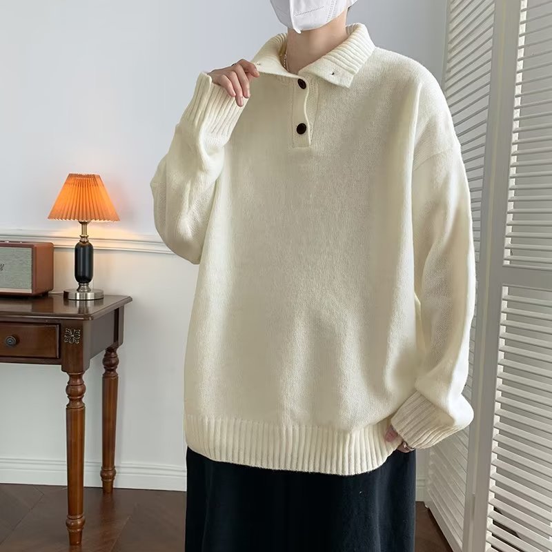 Otoño retro japonés simple hombre solapa botón base color sólido todo-fósforo suéter de punto polo suéter marea