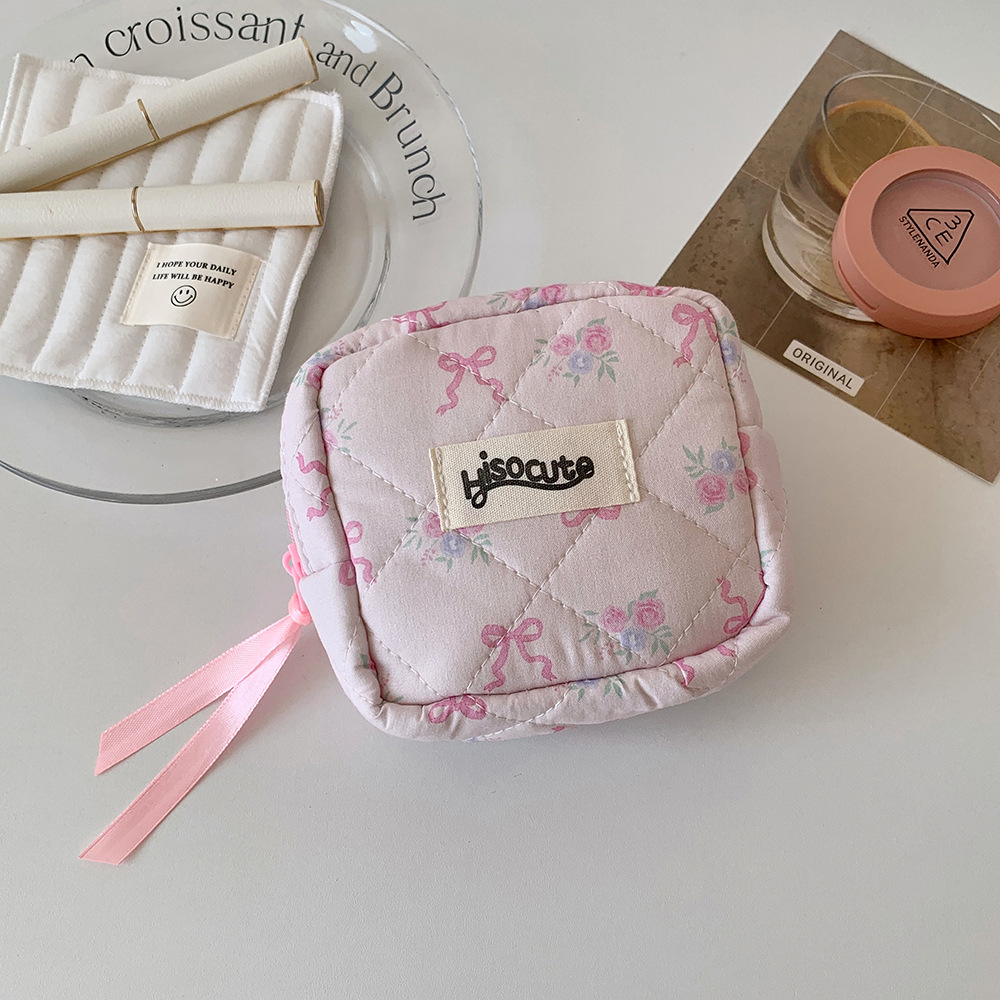 Small Size Cute Bow Knot Cotton Polyester Square Makeup Bags