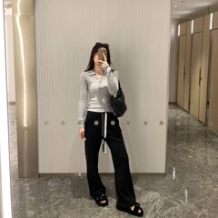 102701 秋冬新作女性用ワイドレッグカジュアルパンツ、ゆったり、シンプル、ドレープフロアレングスパンツ、ウエストゴムストレートパンツ