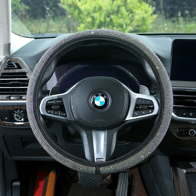 Full-diamond car steering wheel cover, dazzling rhinestone seatbelt shoulder pad, universal for all seasons, rearview mirror protective cover, wholesale (Steering wheel cover) - shiny-silver-steering-wheel-cover-38cm