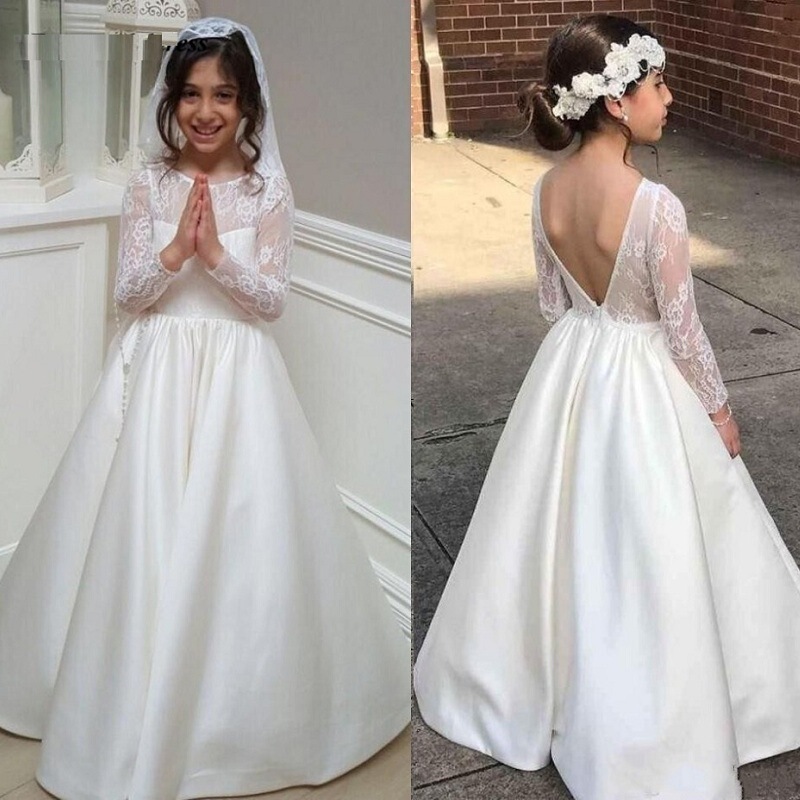 European and American foreign trade Amazon AliExpress wish new lace long sleeve satin princess dress flower girl dress can be customized European and American foreign trade Amazon AliExpress wish new lace long sleeve satin princess dress flower girl dress can be customized