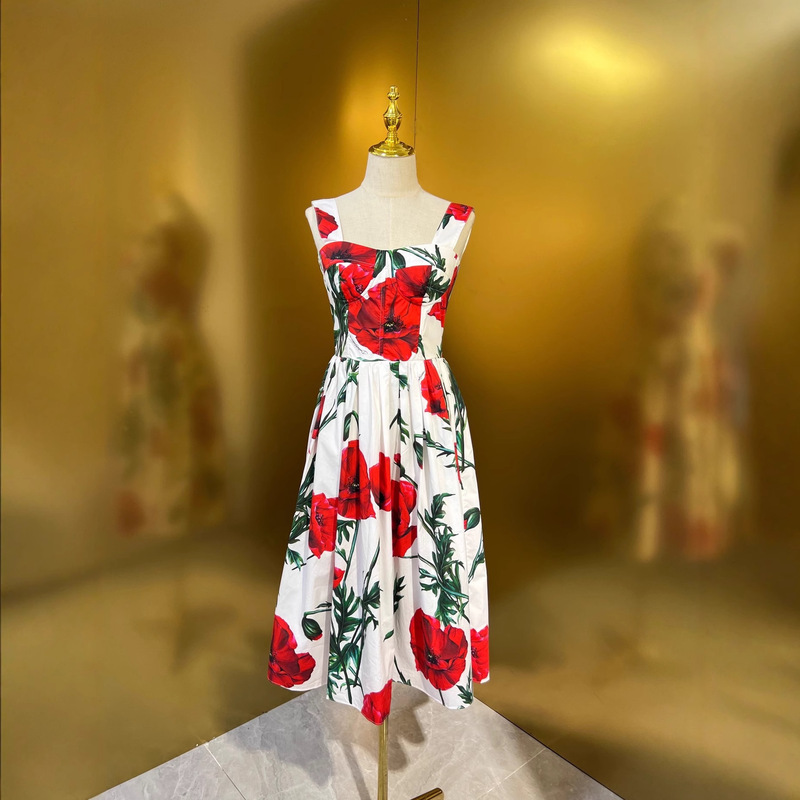 French Socialite Style Printed Cotton Suspender Dress for Women Summer Waist Slimming Mid-Length Holiday Photo Fairy Dress