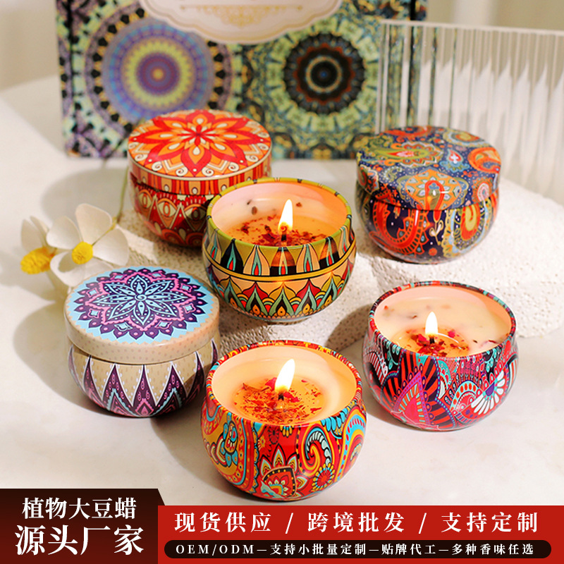 Étnico flor seca aromaterapia vela caja de hierro Regalo de Cumpleaños dormitorio decoración dormir fragancia vela caja de regalo al por mayor
