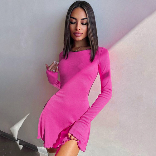 European and American style women's clothing autumn and winter fashionable simple solid color back strap waist dress