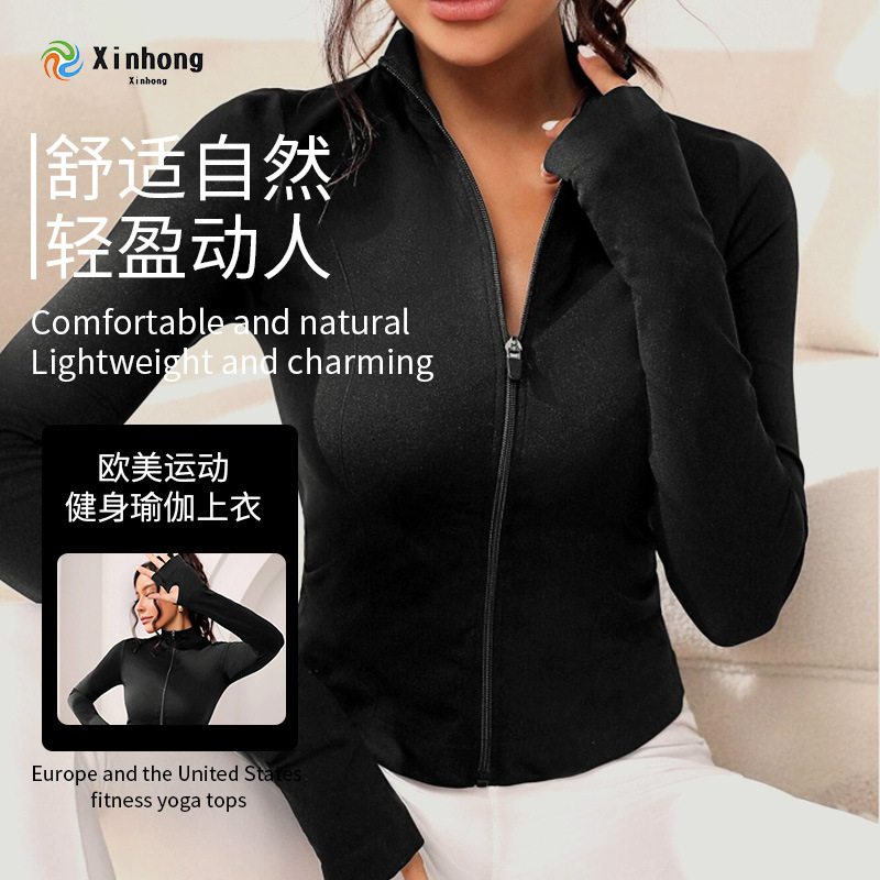 Chaqueta deportiva con cremallera fina y ajustada de estilo explosivo, chaqueta de yoga de entrenamiento para correr, corbata de pie para mujer, manga larga