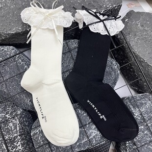2025 New Women's Socks Sweet Bow Lace Socks Jk Style Slouch Socks Dongdaemun Trendy Brand Cotton Mid-Calf Socks