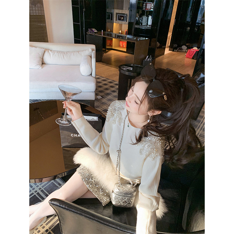 鱼兔子的兔子 春秋新款时尚高级内搭羊绒衫女露肩侧边褶皱针织衫|undefined