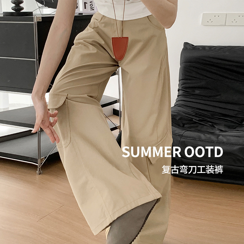 Vintage American-Style Work Pants for Women, New Spring and Autumn Slim-Fit Straight Casual Pants, High-Waisted Loose Wide-Leg Trousers