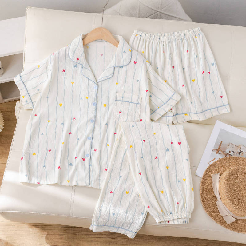 Summer Pajamas for Women, Short-Sleeved Shorts and Long Pants Three-Piece Set, Japanese-Style Striped, Can Be Worn Outside, Home Wear, Thin Style for Summer Summer Pajamas for Women, Short-Sleeved Shorts and Long Pants Three-Piece Set, Japanese-Style Striped, Can Be Worn Outside, Home Wear, Thin Style for Summer