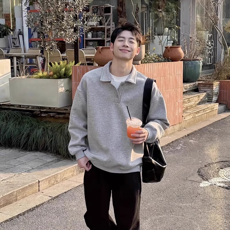 Light Gray Polo Shirt Long-Sleeved Men's Spring & Fall Cleanfit Heavy Lapel Sweatshirt American Retro High-End Jacket