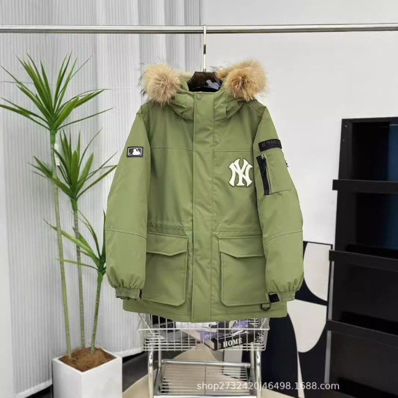 跨境MLB羽绒服洋基队工装大毛领中长款男女款白鸭绒派克外套|undefined
